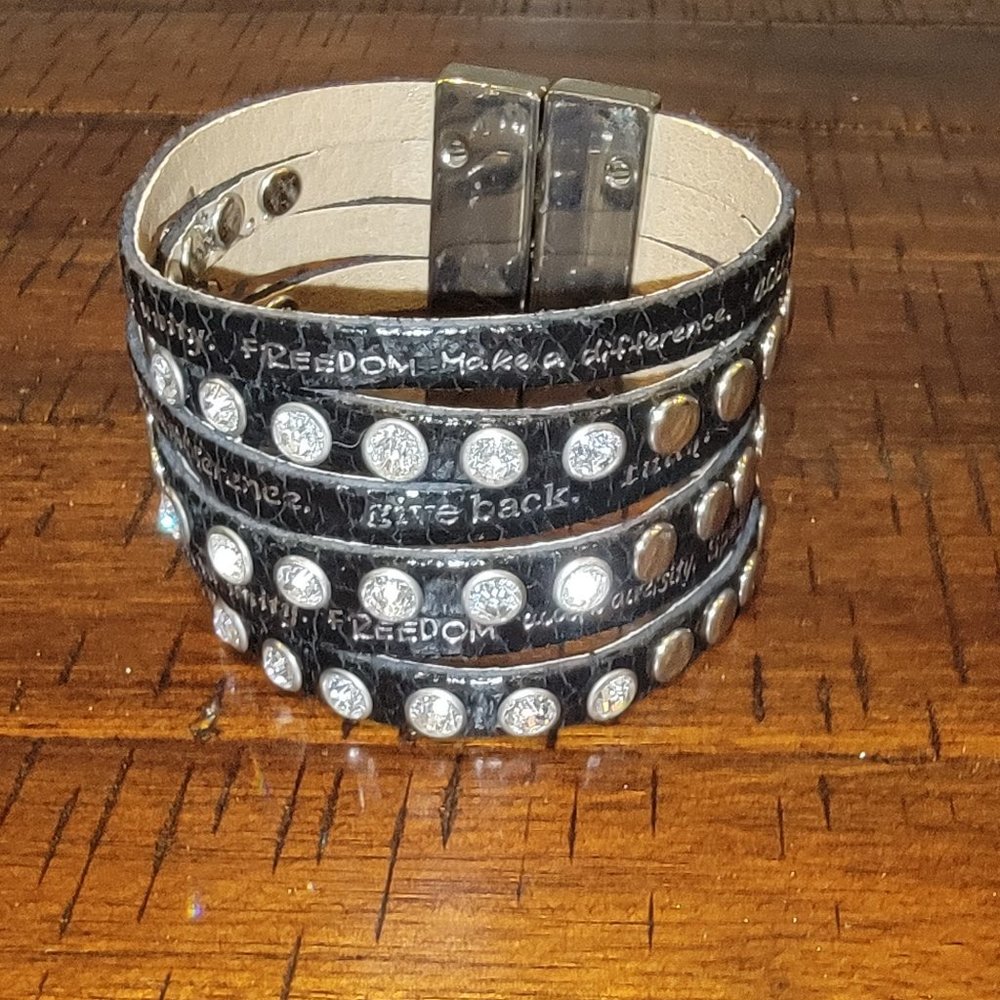 Humanity Black Leather Strap Bracelet with Rhinestones, Slide/Magnetic Closure